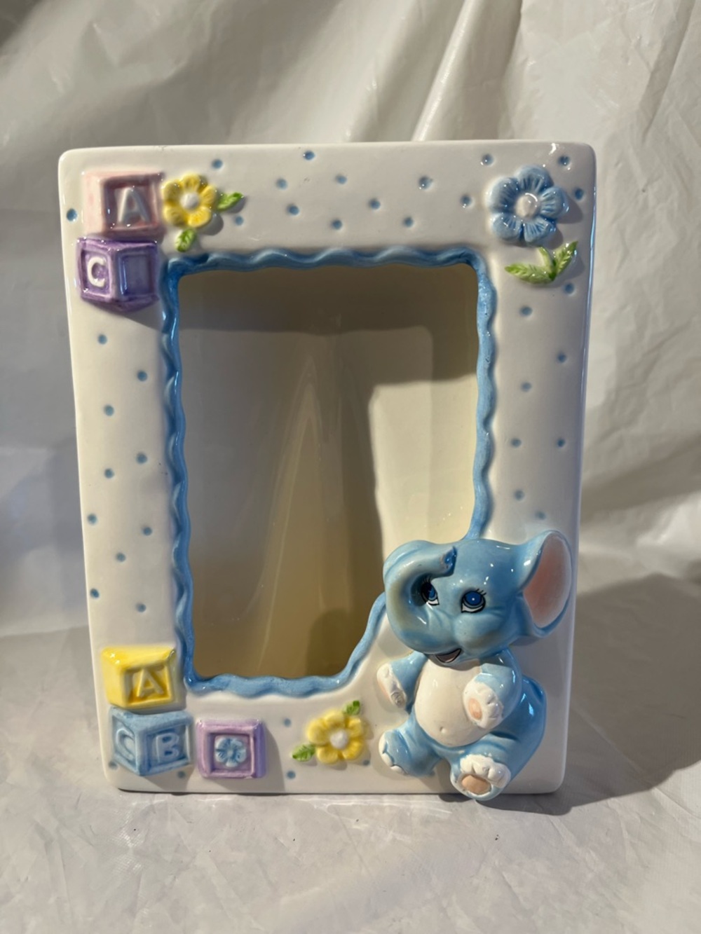 Lefton Free Standing Blue Elephant Baby Photo Frame with Blocks